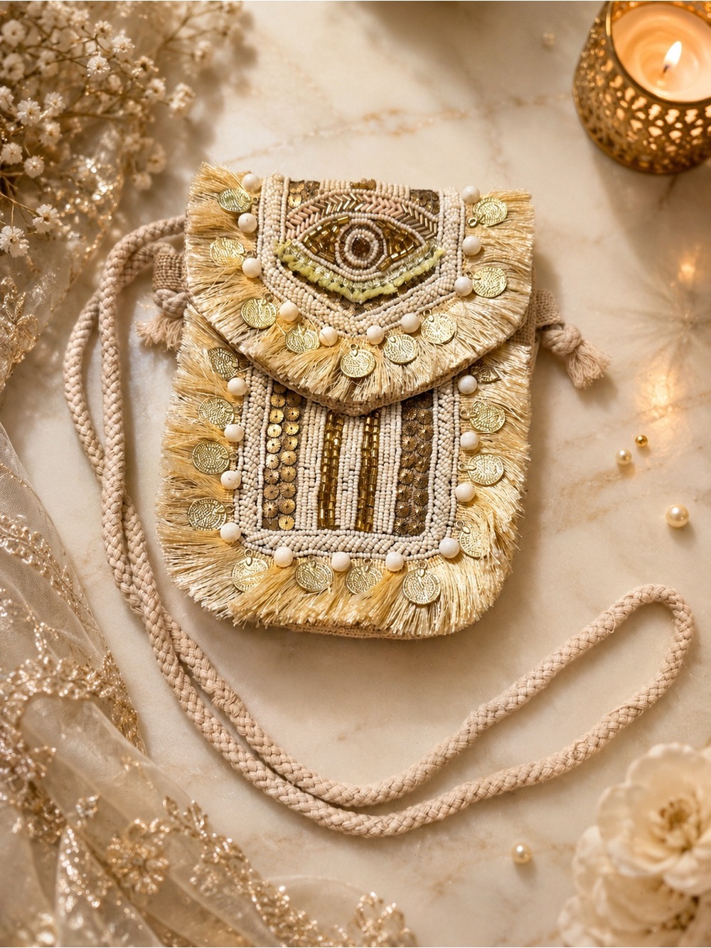 Boho Fringe Crossbody Bag in Gold and Cream